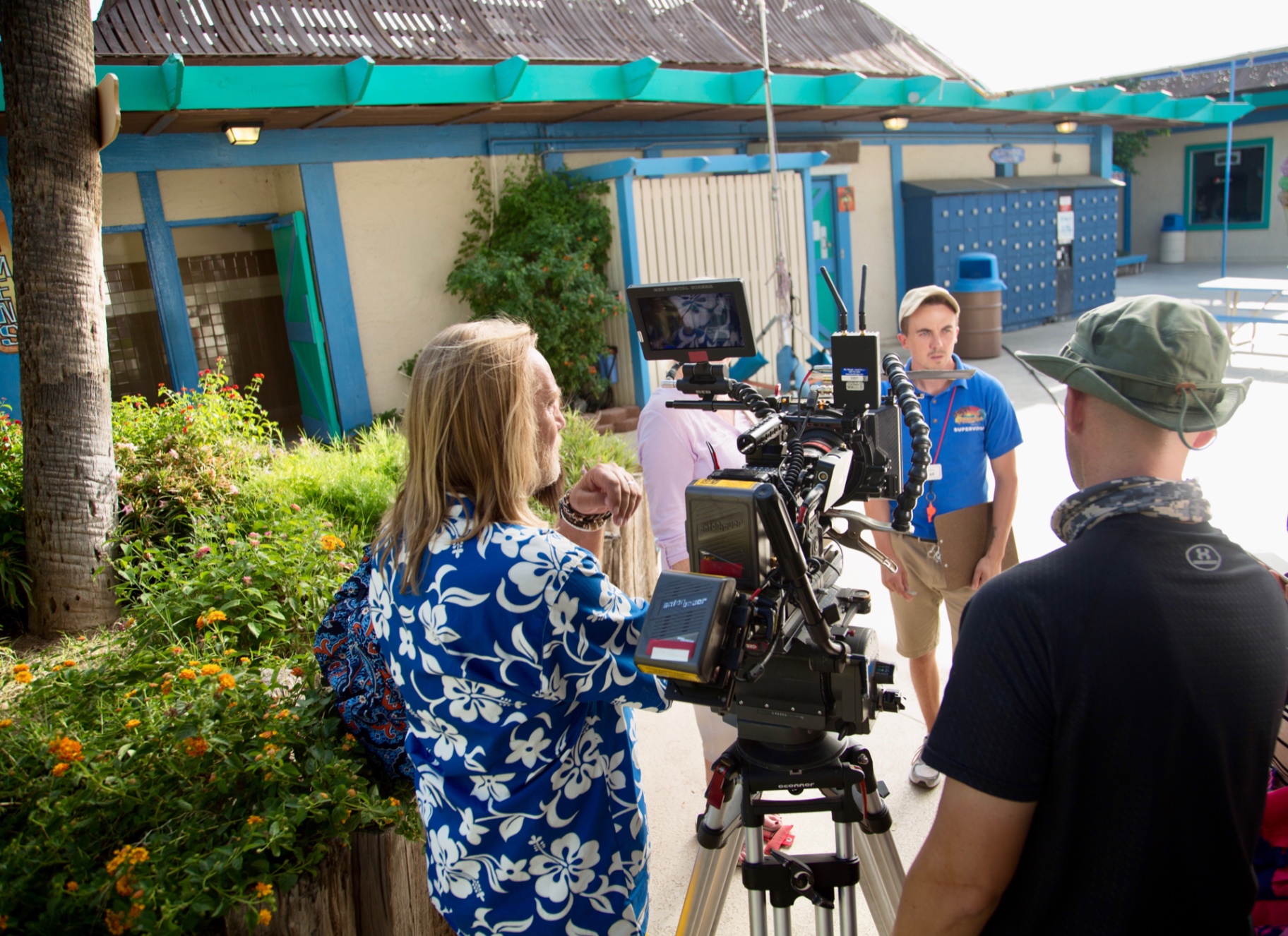 Camera team lining up an exterior shot